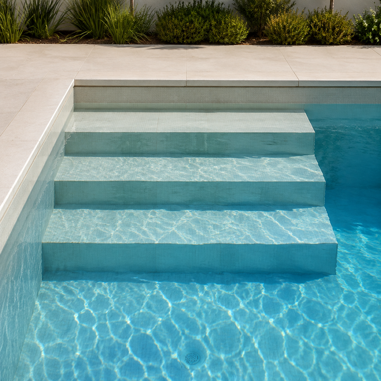 Escalera de obra integrada en una piscina