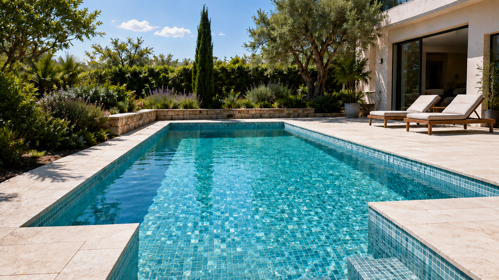 Piscina moderna revestida con gresite turquesa